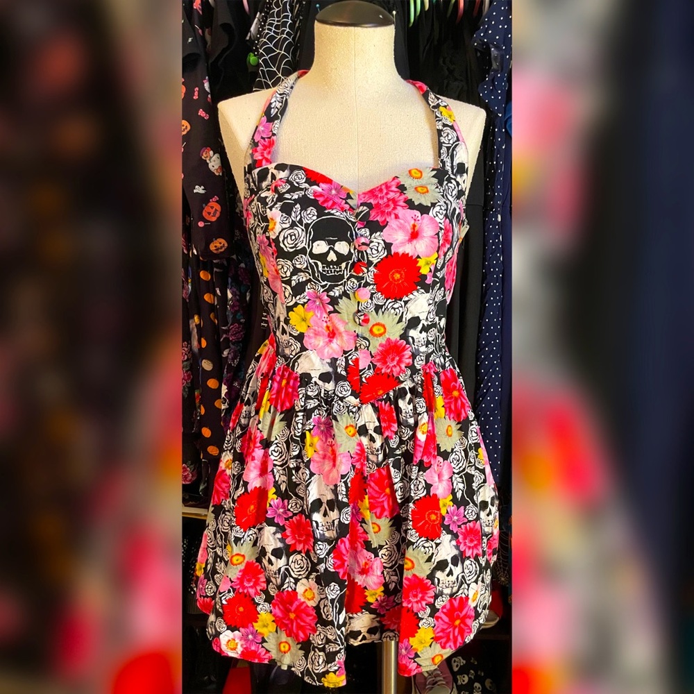Hell Bunny Floral Skull Halter Dress